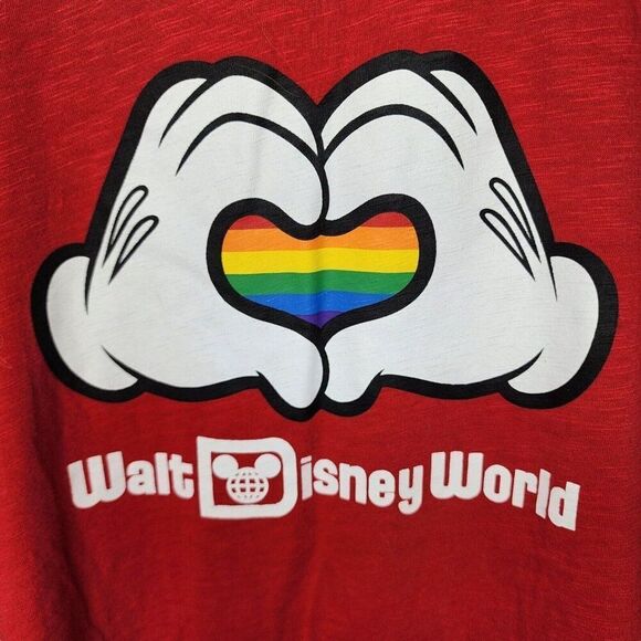 Mickey Mouse Heart Hands Disney World Rainbow Ringer Tshirt Mens L Red Pride - Picture 2 of 5